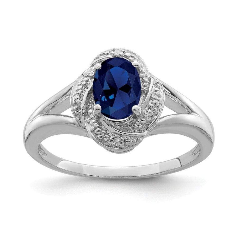 Sterling Silver .01 Ctw Diamond & Oval Created Sapphire Ring Size 6